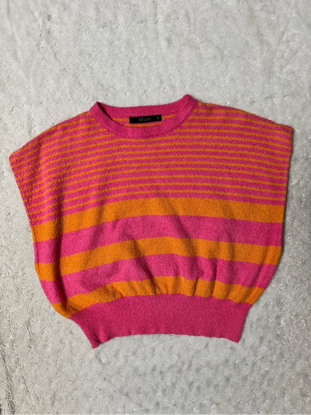 DÈLUC Pink & Orange Striped Short Sleeve Knit Top